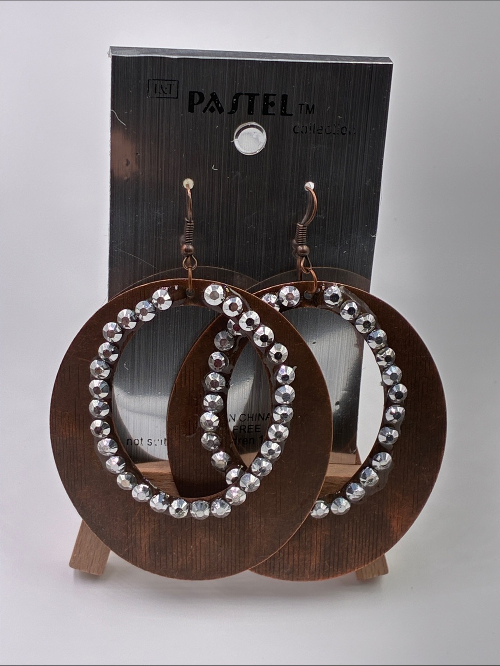 Pastels Brown Metal Hoop Earrings with Clear Rhinestones